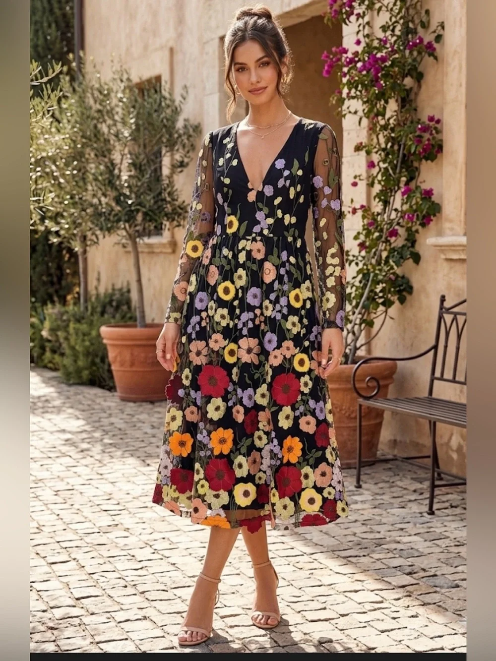 Lulus Floral Embroidered Long Sleeve Midi Dress Black Size L - Picture 1 of 8